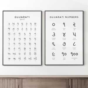 Gujarati Alphabet und Zahlen Print 2er Set | Schwarz & Weiß Sprachlern Wandkunst - Lerntafel Poster