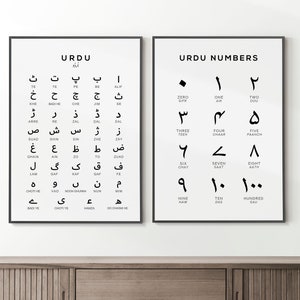 Set di stampe con alfabeto e numeri in urdu, poster da parete in bianco e nero, decorazione da parete con tabella di apprendimento delle lingue