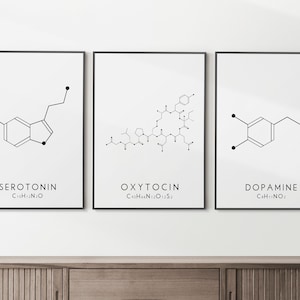 Molecule Print Set, Serotonin, Oxytocin & Dopamine Prints in White, Molecular Structure Wall Art, Chemistry Wall Art, Science Wall Decor