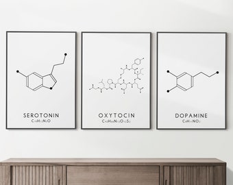 Molecule Print Set, Serotonin, Oxytocin & Dopamin Prints in Weiß, Molekularstruktur Wandkunst, Chemie Wandkunst, Wissenschaftliche Wanddeko