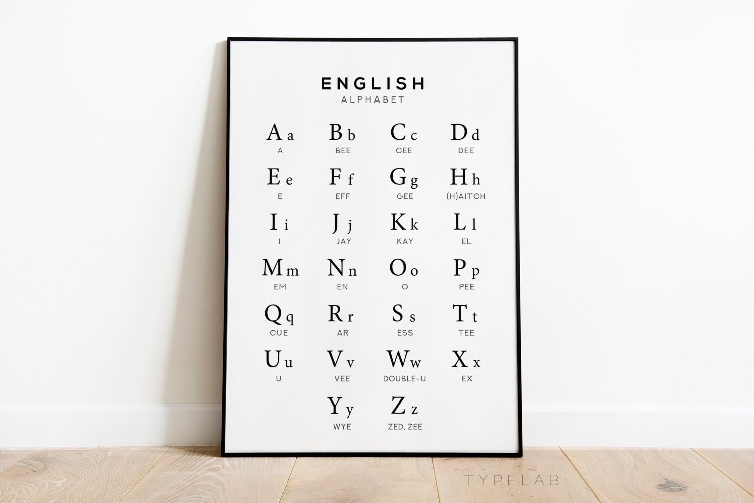 English Alphabet Chart Print, Alphabet Poster, English Language Chart Wall Art, Black & White Print, Language Learning Wall Decor