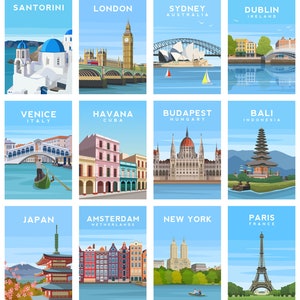Puede incluir: Un collage de 12 carteles de viaje que representan monumentos emblem&aacute;ticos de todo el mundo. Cada cartel tiene un fondo azul con texto blanco y una ilustraci&oacute;n colorida de un monumento famoso. Las ciudades que se presentan son Santorini, Londres, Sydney, Dubl&iacute;n, Venecia, La Habana, Budapest, Bali, Jap&oacute;n, &Aacute;msterdam, Nueva York y Par&iacute;s.