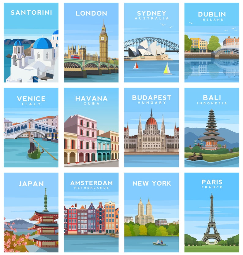 Puede incluir: Un collage de 12 carteles de viaje que representan monumentos emblem&aacute;ticos de todo el mundo. Cada cartel tiene un fondo azul con texto blanco y una ilustraci&oacute;n colorida de un monumento famoso. Las ciudades que se presentan son Santorini, Londres, Sydney, Dubl&iacute;n, Venecia, La Habana, Budapest, Bali, Jap&oacute;n, &Aacute;msterdam, Nueva York y Par&iacute;s.