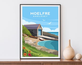 Moelfre Anglesey Print | Wales Travel Poster - Welsh Beach Wall Art - Coastal Landscape Wall Decor