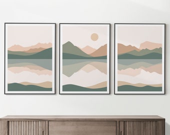 Juego de 3 impresiones artísticas abstractas de montaña de tres picos, decoración de pared bohemia de Scafell Pike, Snowdon y Ben Nevis, arte de pared con paisaje minimalista