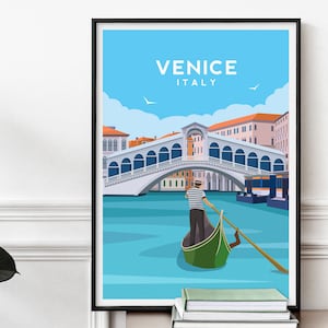Venice Italy Art Print, Gondola Canal Travel Poster, Rialto Bridge European Wall Art