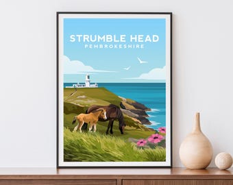 Strumble Head Art Print | Pembrokeshire Wales Travel Poster - Ponies and Lighthouse Wall Art