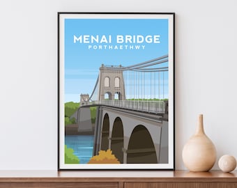 Menai Bridge Art Print, Anglesey Wales Travel Poster, Welsh Wall Decor, Snowdonia Landscape Wall Art