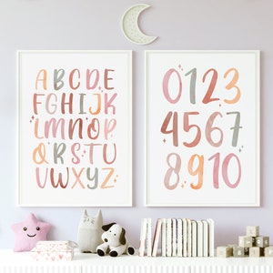 Neutral Alphabet and Number Print Set of 2, Educational Nursery Wall Art, Language and Counting Charts for Kids Room