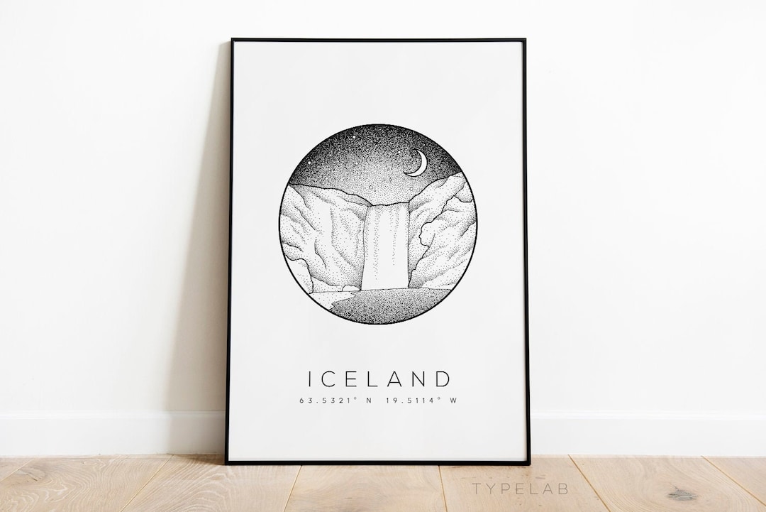 Dotwork Iceland Print | Skogafoss Waterfall Travel Poster - Skogar ...