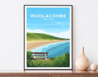 Woolacombe Beach Print, Devon Wall Art, South England Coastal Travel Poster Illustration