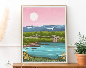 Menai Straits Anglesey Print | Gwynedd Wales Travel Poster - Pink Snowdonia Wall Art