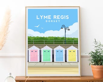Lyme Regis Print | Dorset Beach Hut Wall Art - South England Travel Poster