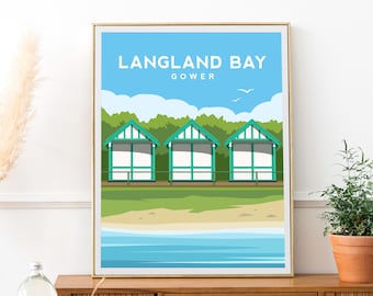 Langland Bay Wales Print | Beach Huts in Gower Travel Poster - Coastal Swansea Wall Art