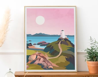 Llanddwyn Newborough Print, Pink Anglesey North Wales Wall Art, Cartel de viaje ilustrado costero