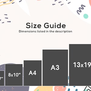 May include: Size guide for prints with dimensions listed in the description. The sizes are 5x7 inches, 8x10 inches, A4, A3, and 13x19 inches.