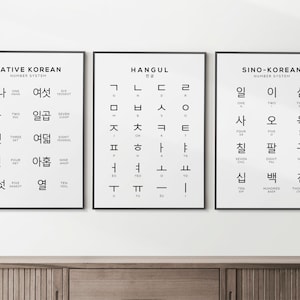 韓国語のアルファベットと数字のプリント 3 枚セット、白黒のハングル表、言語学習用ウォール アート
