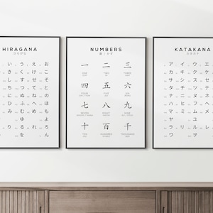 Juego de 3 impresiones del alfabeto y los números japoneses, póster de hiragana y katakana, cuadro de aprendizaje de japonés en blanco, arte mural japonés