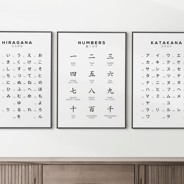 Japanese Alphabet and Number Print Set of 3, Hiragana and Katakana Poster, Japanese Learning Chart in White, Japan Wall Art