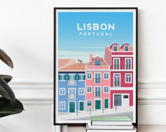 Lissabontryck Portugal väggkonst, europeisk stadsreseposter, portugisiska hus väggdekor