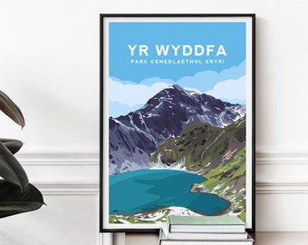 May include: A colorful illustration of a mountain range with a lake in the foreground. The text "YR WYDDFA PARC CENEDLAETHOL ERYRI" is at the top of the image.