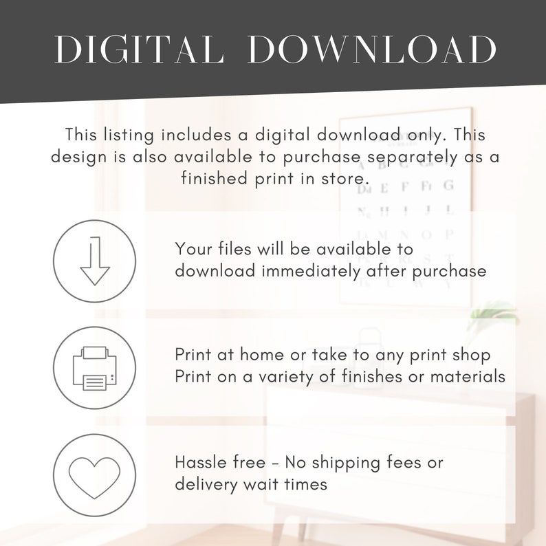 K&ouml;nnte beinhalten: Grafik f&uuml;r digitalen Download mit drei Symbolen: einem Abw&auml;rtspfeil, einem Drucker und einem Herzen. Der Text lautet oben in gro&szlig;en Buchstaben "Digitaler Download". Der Text unter den Symbolen lautet: "Diese Auflistung beinhaltet nur einen digitalen Download. Dieses Design ist auch separat als fertiger Druck im Laden erh&auml;ltlich. Ihre Dateien stehen Ihnen sofort nach dem Kauf zum Download zur Verf&uuml;gung. Drucken Sie zu Hause oder bringen Sie sie zu einem beliebigen Druckereibetrieb. Drucken Sie auf einer Vielzahl von Oberfl&auml;chen oder Materialien. Problemlos &ndash; keine Versandkosten oder Lieferzeiten."
