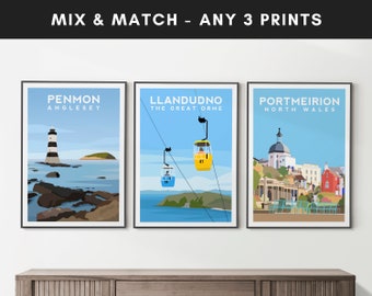 Travel Print Set, Choose Any 3 Travel Poster Bundle, Mix and Match Location Wall Art, Illustration Wall Decor