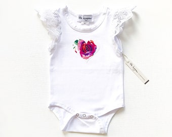 Baby Girls White Lace Flutter Sleeve Christmas Bodysuit with Applique Heart