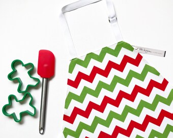 Tablier pour enfants en coton laminé à chevrons de Noël rouge, blanc et vert