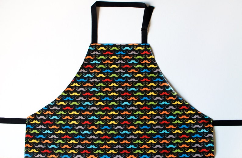 Blue and Grey Moustache Laminated Cotton Adult Apron Red Black