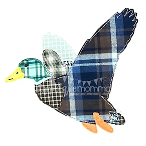 May include: A fabric applique of a flying duck, featuring a patchwork design. The duck has a green and yellow head, with wings and body in various plaid patterns of blue, brown, and white. The duck's feet are orange.