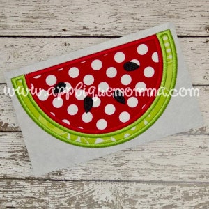 May include: A red and green watermelon slice applique with white polka dots and black seeds. The applique is on a white background.