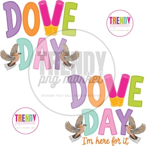 以下が含まれることがあります： カラフルなブロック体でDOVE DAYと書かれたグラフィックデザインで、Oの文字の代わりにピンク色の散弾銃の薬莢が2つ配置されています。飛んでいる鳩のイラストが2つ描かれており、下部にはI'm here for itというテキストが添えられています。