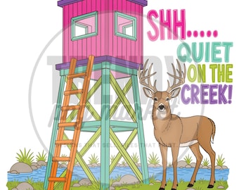Tranquillo sul ruscello PNG, Ragazze che cacciano cervi PNG, Design per maglietta della stagione di caccia al cervo, Postazione di caccia al cervo dalla coda bianca PNG, Ragazza cacciatrice dtf, Cacciatore di cervi