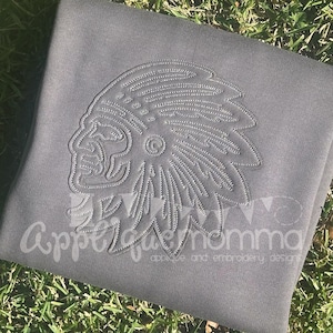 Puede incluir: Una tela gris con un diseño bordado de tocado nativo americano. El diseño está detallado con costuras texturizadas. El texto "Apperfagmomma applique and embroidery designs" está impreso en la parte inferior izquierda.