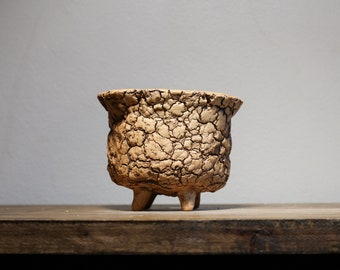 M97 Succulent Pot, Cracked texture ceramic vessel , wood texture , indoor outdoor rustic planter