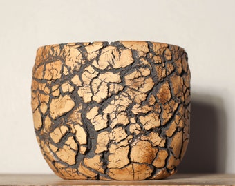 M230 Succulent Pot, Cracked texture ceramic vessel , wood texture , indoor outdoor rustic planter