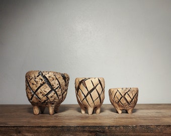 M85 Pottery , Bonsai pots , Ceramic Pot , Containers ,Vintage planter , rustic Rock planter , Wood bark texture
