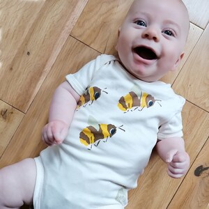 Pear Print baby bodysuit in organic cotton with bees. Save the Bees. Baby one-piece. Baby boy or baby girl gift. Bumble bees. image 1