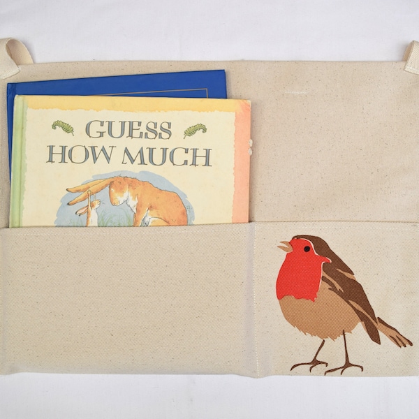 Bed tidy with a robin. Bunk bed caddy. Cot organiser. Bed book holder.Hanging storage organiser.