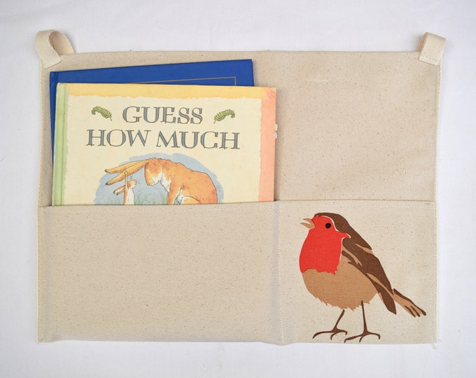 Bed tidy with a robin. Bunk bed caddy. Cot caddy. Bed book holder.Hanging storage organiser.