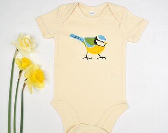 Body de bebé Bluetit Bird: algodón orgánico estampado a mano