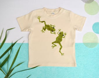 Camiseta de bebé de algodón orgánico: Ranas estampadas a mano, regalo unisex