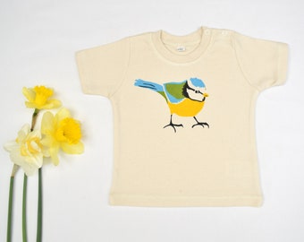 Camiseta infantil con estampado de carbonero azul: Regalo de algodón orgánico para jardín y naturaleza.