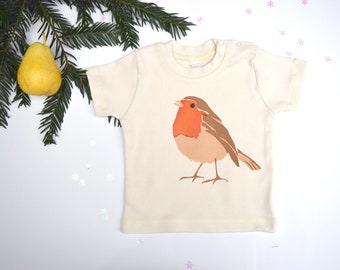 Baby t-shirt in natural organic cotton with robin. Baby boy or baby girl gift.