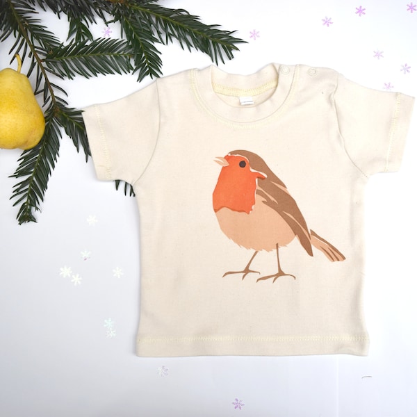 T-shirt pour bébé en coton biologique naturel avec rouge-gorge. Cadeau bébé garçon ou petite fille.