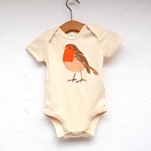 Bio-Babybody: Handbedrucktes Rotkehlchen-Design, fair gehandelte Baumwolle