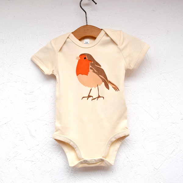 Organic Baby Bodysuit: Hand-Printed Robin Design, Ethical Cotton