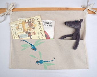 Bed tidy with dragonflies. Bunk bed caddy. Cot organiser. Bed book holder.Hanging storage organiser.