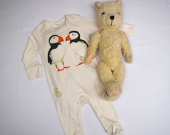 Organic cotton baby sleepsuit with puffins. Baby grow. Pyjamas. Baby boy or baby girl gift.